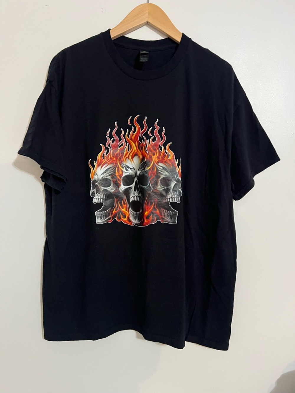 Gildan Black Short Sleeve Tee with Flaming Triple Skull Fire Graphic